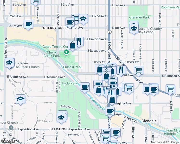 map of restaurants, bars, coffee shops, grocery stores, and more near 314 South Monroe Street in Denver