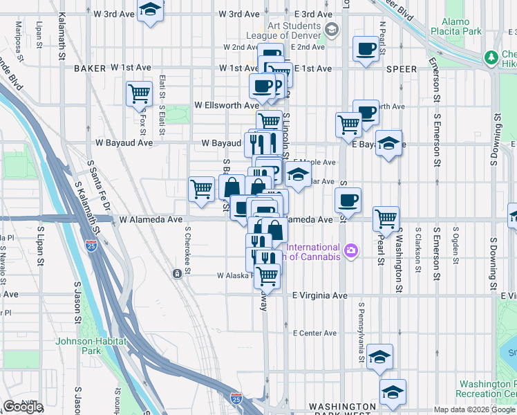 map of restaurants, bars, coffee shops, grocery stores, and more near in Denver