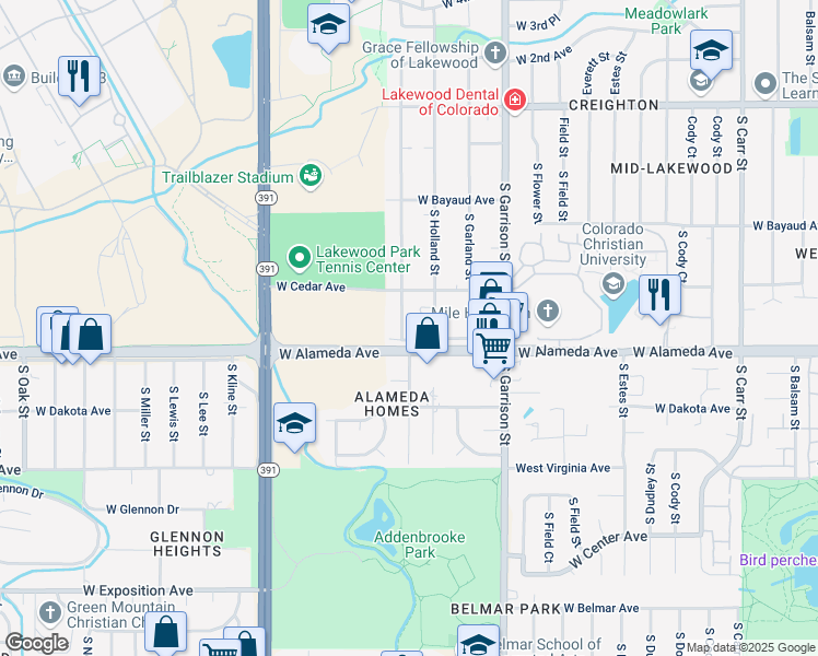 map of restaurants, bars, coffee shops, grocery stores, and more near in Lakewood