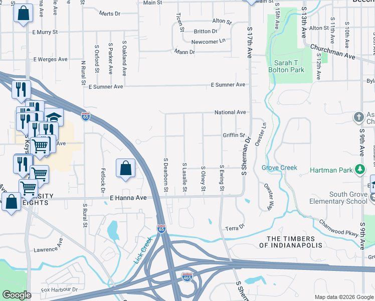 map of restaurants, bars, coffee shops, grocery stores, and more near 3842 South Lasalle Street in Indianapolis