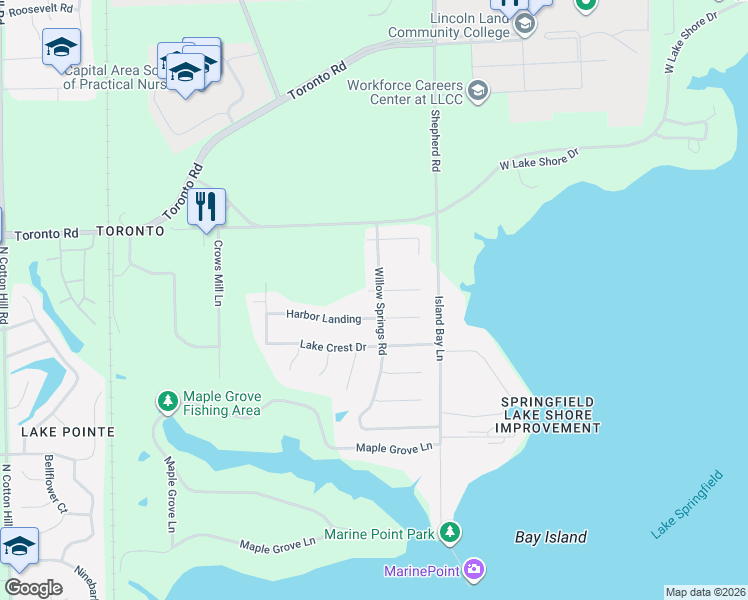 map of restaurants, bars, coffee shops, grocery stores, and more near 2225-2299 Harbor Landing in Springfield