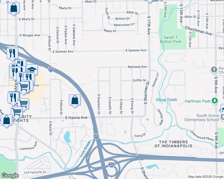 map of restaurants, bars, coffee shops, grocery stores, and more near 3842 South Lasalle Street in Indianapolis
