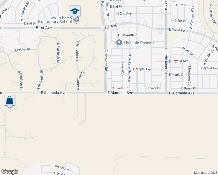 map of restaurants, bars, coffee shops, grocery stores, and more near 25044 East Byers Drive in Aurora