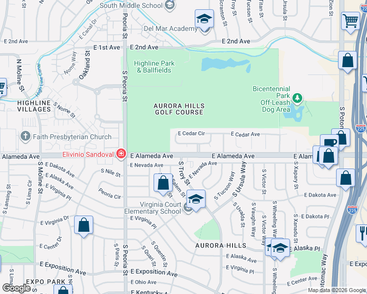 map of restaurants, bars, coffee shops, grocery stores, and more near 301 South Troy Street in Aurora