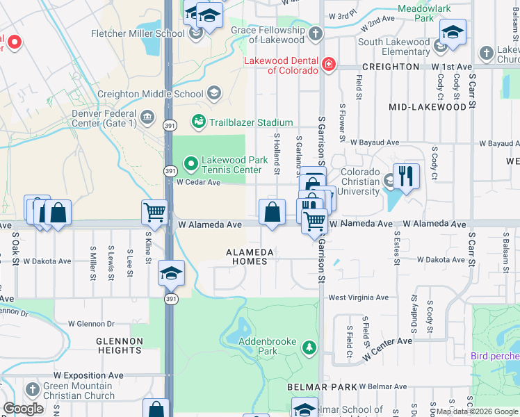 map of restaurants, bars, coffee shops, grocery stores, and more near in Lakewood