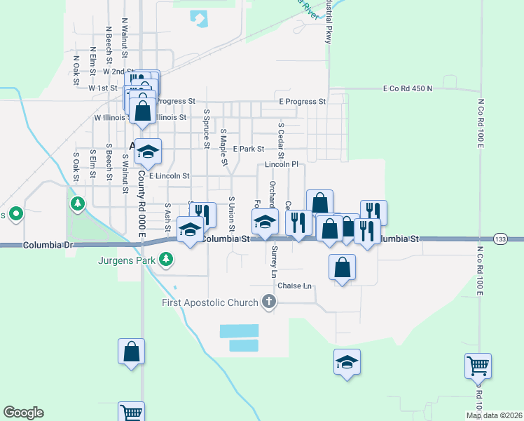 map of restaurants, bars, coffee shops, grocery stores, and more near 525 Forest Lane in Arthur