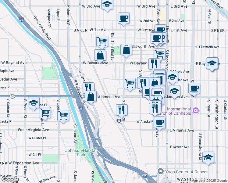 map of restaurants, bars, coffee shops, grocery stores, and more near 255 South Cherokee Street in Denver