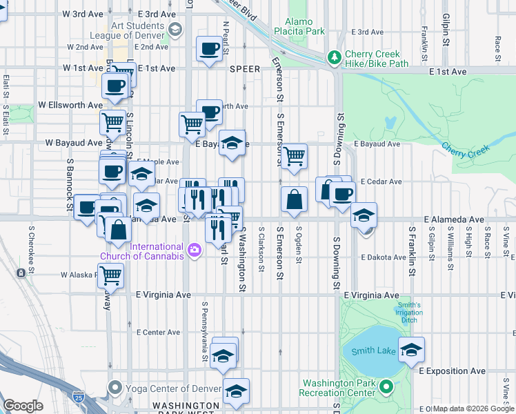 map of restaurants, bars, coffee shops, grocery stores, and more near 302 South Washington Street in Denver