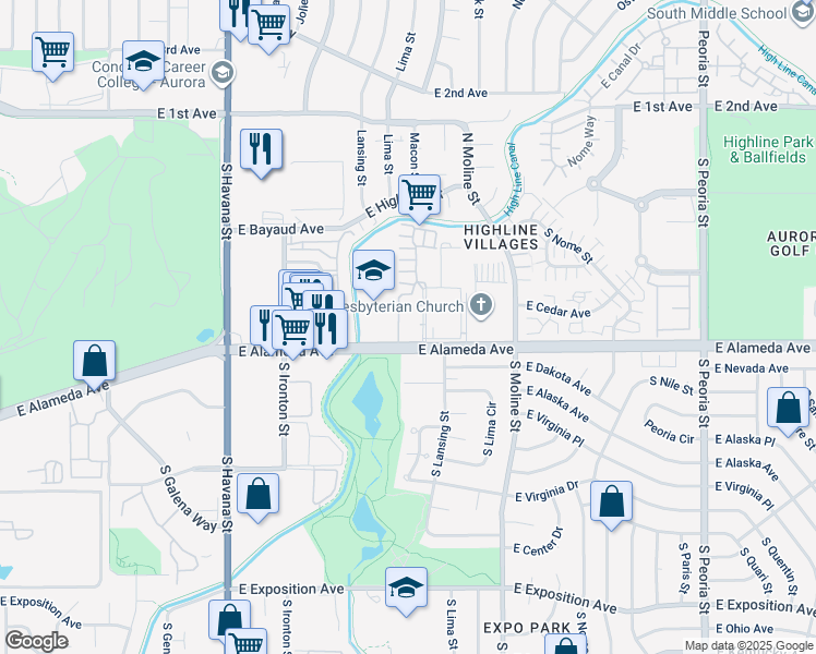 map of restaurants, bars, coffee shops, grocery stores, and more near 11103 East Alameda Avenue in Aurora