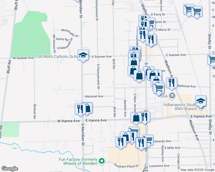 map of restaurants, bars, coffee shops, grocery stores, and more near 114 National Avenue in Indianapolis