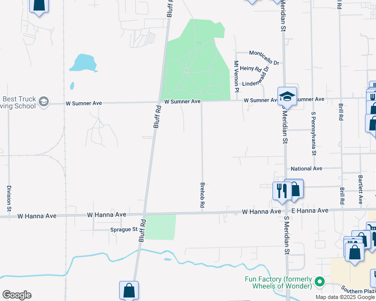map of restaurants, bars, coffee shops, grocery stores, and more near 3720 Brehob Road in Indianapolis