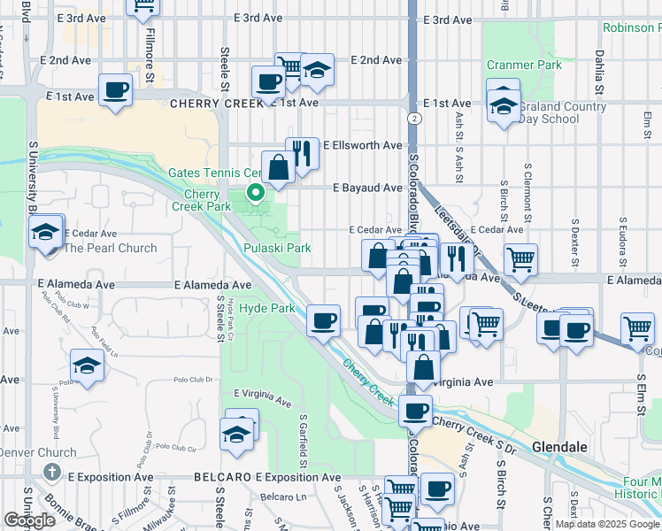 map of restaurants, bars, coffee shops, grocery stores, and more near 274 South Monroe Street in Denver