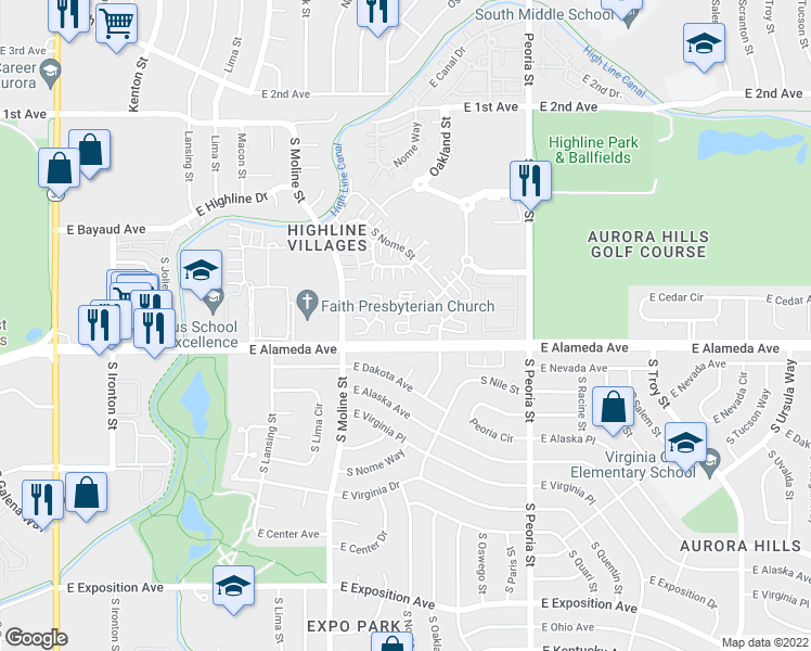 map of restaurants, bars, coffee shops, grocery stores, and more near 11689 East Cedar Avenue in Aurora