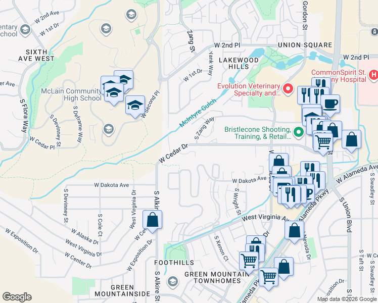 map of restaurants, bars, coffee shops, grocery stores, and more near 13050 West Cedar Drive in Lakewood