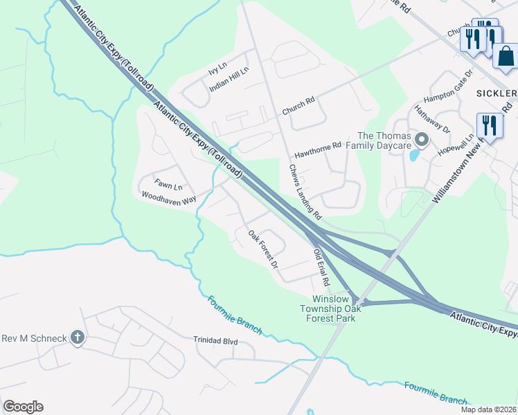 map of restaurants, bars, coffee shops, grocery stores, and more near 465 Old Erial Road in Sicklerville