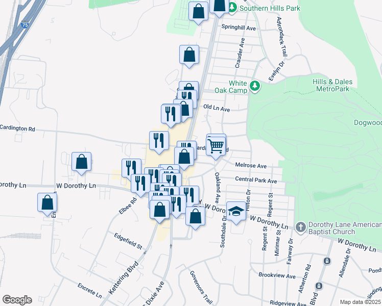 map of restaurants, bars, coffee shops, grocery stores, and more near 1560 Cardington Road in Kettering