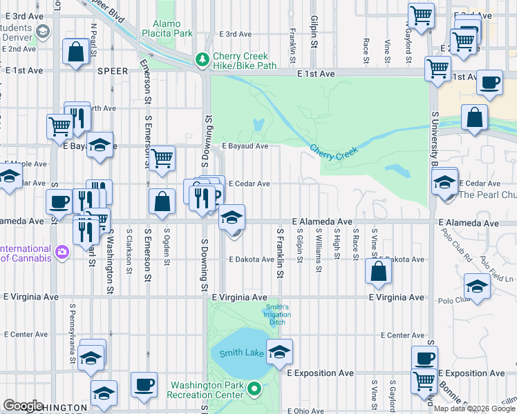 map of restaurants, bars, coffee shops, grocery stores, and more near 219 South Humboldt Street in Denver