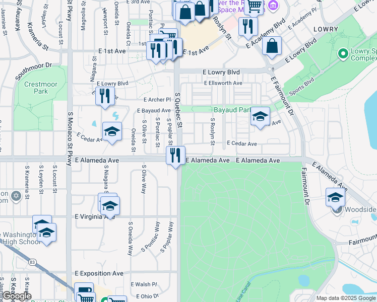 map of restaurants, bars, coffee shops, grocery stores, and more near 7337 East Cedar Avenue in Denver