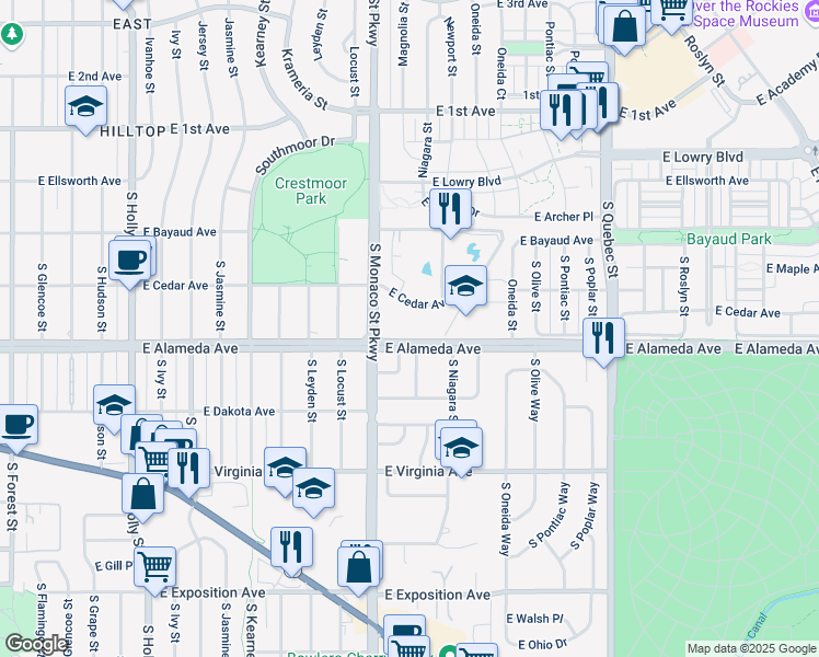 map of restaurants, bars, coffee shops, grocery stores, and more near 6728 East Cedar Avenue in Denver