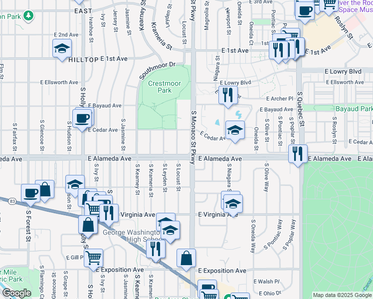 map of restaurants, bars, coffee shops, grocery stores, and more near 231-255 South Monaco Parkway in Denver
