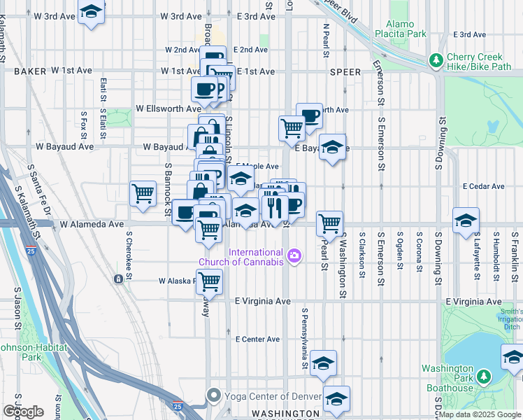 map of restaurants, bars, coffee shops, grocery stores, and more near 212 South Sherman Street in Denver