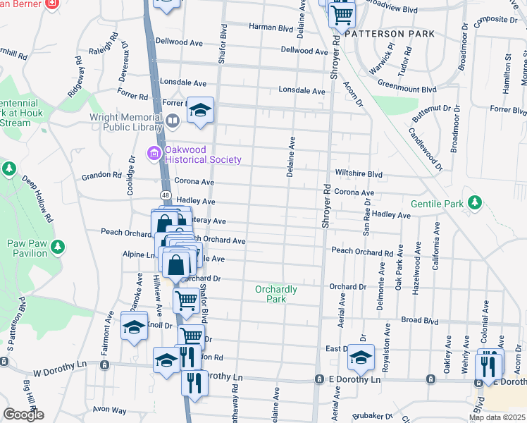map of restaurants, bars, coffee shops, grocery stores, and more near 335 Hadley Avenue in Dayton