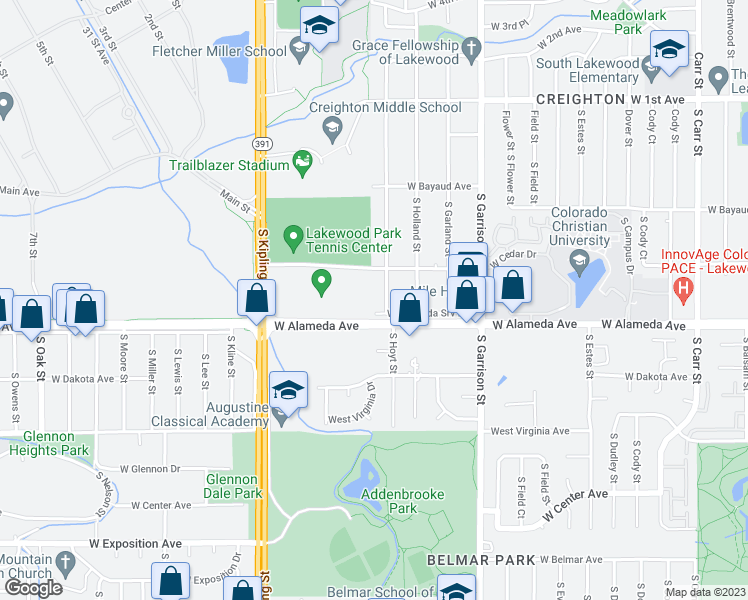 map of restaurants, bars, coffee shops, grocery stores, and more near 297 South Hoyt Street in Lakewood
