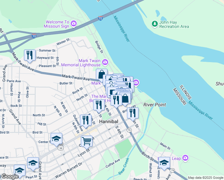 map of restaurants, bars, coffee shops, grocery stores, and more near 206 Hill Street in Hannibal
