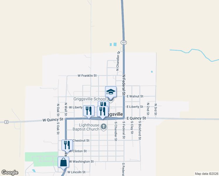 map of restaurants, bars, coffee shops, grocery stores, and more near 401-405 North Chandler Street in Griggsville