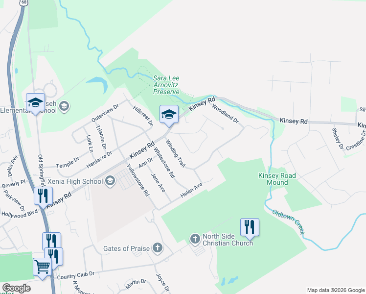 map of restaurants, bars, coffee shops, grocery stores, and more near 1015 Oak Dale Drive in Xenia
