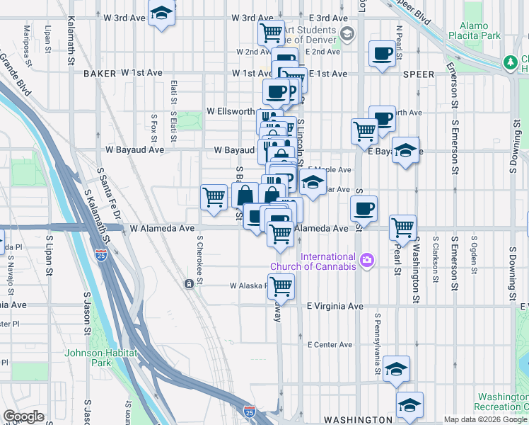map of restaurants, bars, coffee shops, grocery stores, and more near 201 South Broadway in Denver