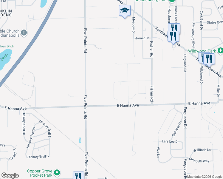 map of restaurants, bars, coffee shops, grocery stores, and more near 3845 Five Points Road in Indianapolis