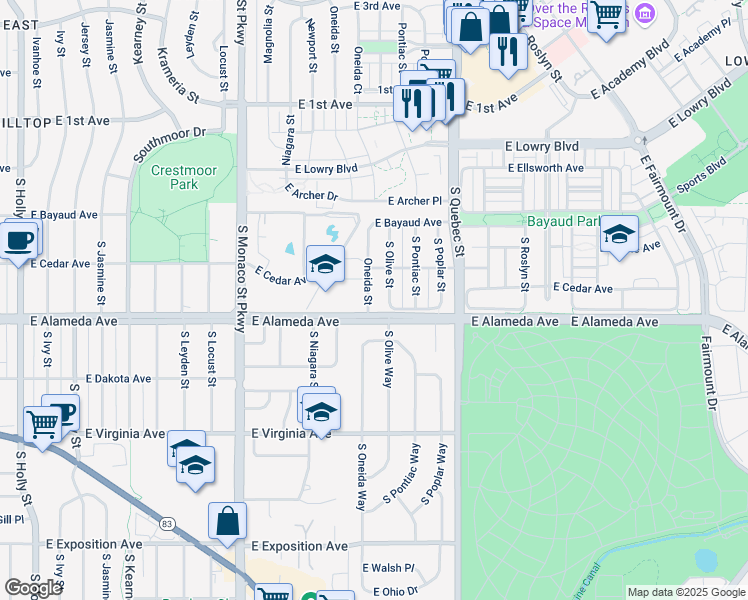 map of restaurants, bars, coffee shops, grocery stores, and more near 200 South Oneida Street in Denver