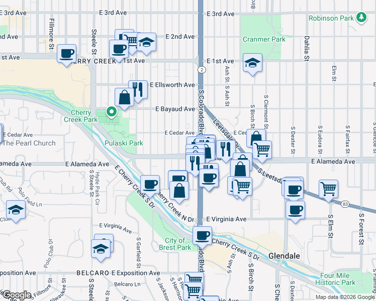 map of restaurants, bars, coffee shops, grocery stores, and more near 225 South Harrison Street in Denver