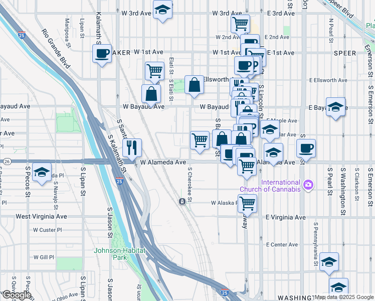 map of restaurants, bars, coffee shops, grocery stores, and more near 221 South Cherokee Street in Denver