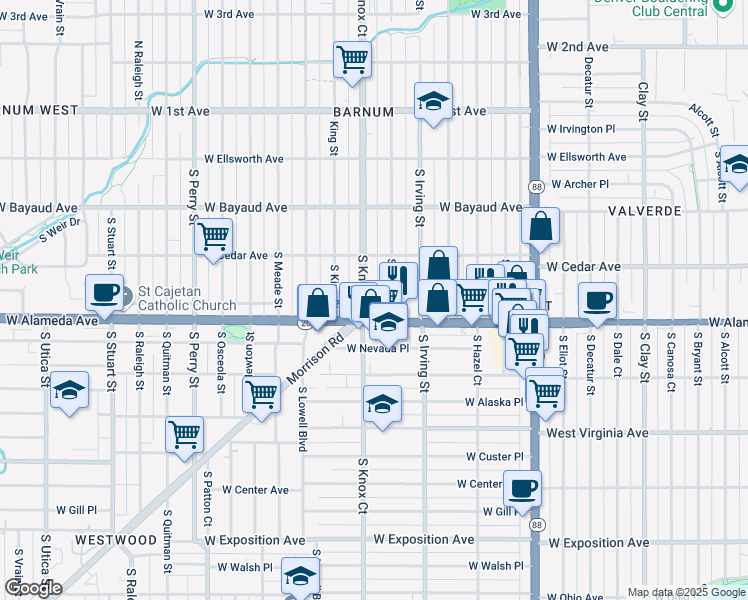 map of restaurants, bars, coffee shops, grocery stores, and more near 235 South Julian Street in Denver