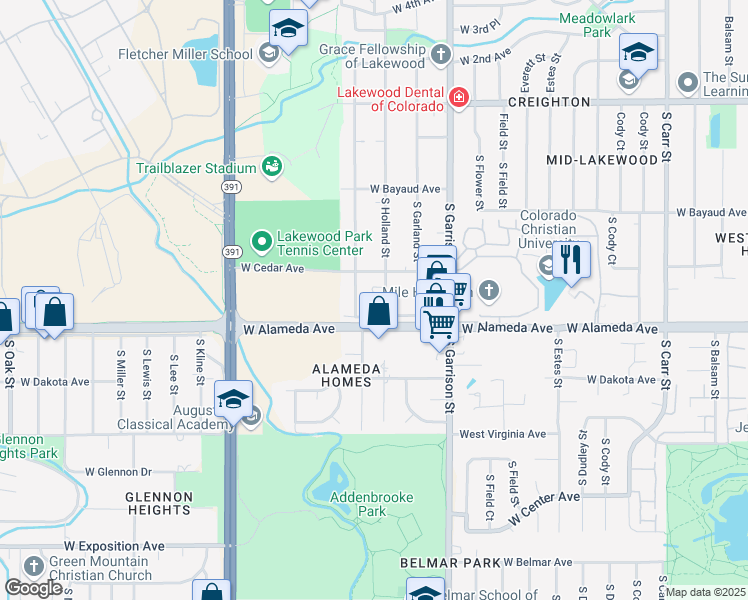 map of restaurants, bars, coffee shops, grocery stores, and more near 225 South Holland Street in Lakewood