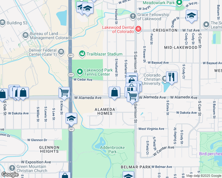 map of restaurants, bars, coffee shops, grocery stores, and more near 225 South Holland Street in Lakewood