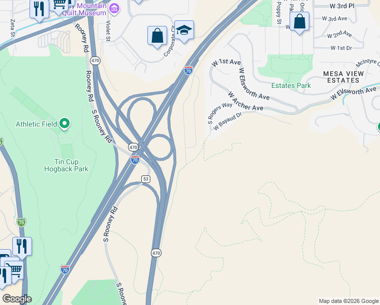 map of restaurants, bars, coffee shops, grocery stores, and more near 187 South Rogers Way in Golden