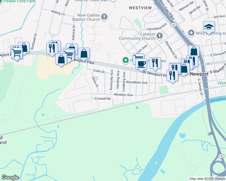 map of restaurants, bars, coffee shops, grocery stores, and more near 104 Harding Avenue in Wilmington