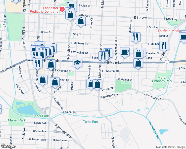 map of restaurants, bars, coffee shops, grocery stores, and more near 427 East Chestnut Street in Lancaster