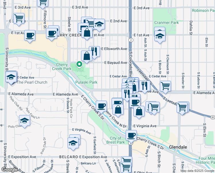 map of restaurants, bars, coffee shops, grocery stores, and more near 275 South Garfield Street in Denver