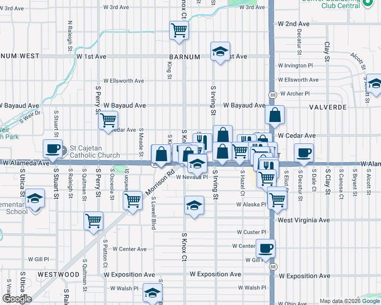 map of restaurants, bars, coffee shops, grocery stores, and more near 235 South Julian Street in Denver