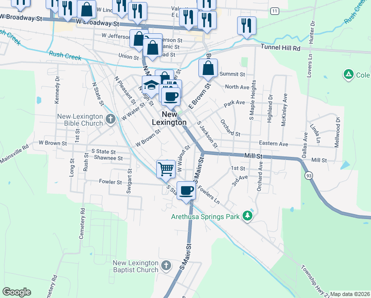 map of restaurants, bars, coffee shops, grocery stores, and more near 221 South High Street in New Lexington