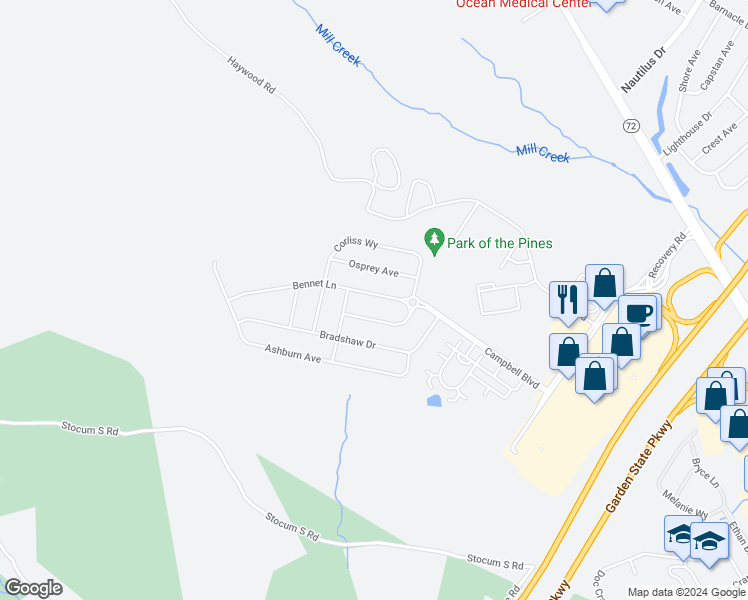 map of restaurants, bars, coffee shops, grocery stores, and more near 23 Bennet Lane in Stafford Township
