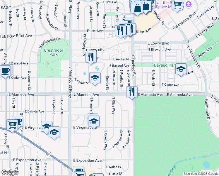 map of restaurants, bars, coffee shops, grocery stores, and more near 200 South Oneida Street in Denver