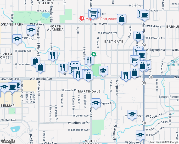 map of restaurants, bars, coffee shops, grocery stores, and more near 245 South Harlan Street in Lakewood