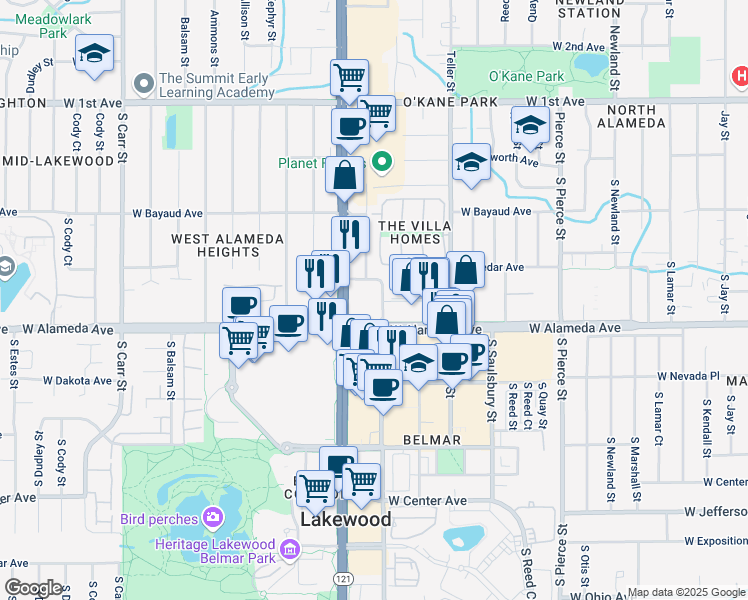 map of restaurants, bars, coffee shops, grocery stores, and more near 7425 West Alameda Avenue in Lakewood