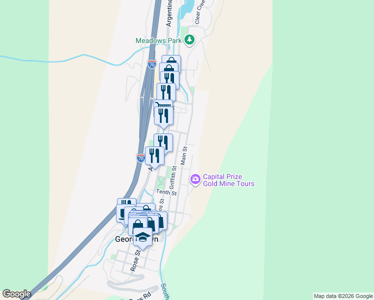 map of restaurants, bars, coffee shops, grocery stores, and more near 1300 Main Street in Georgetown