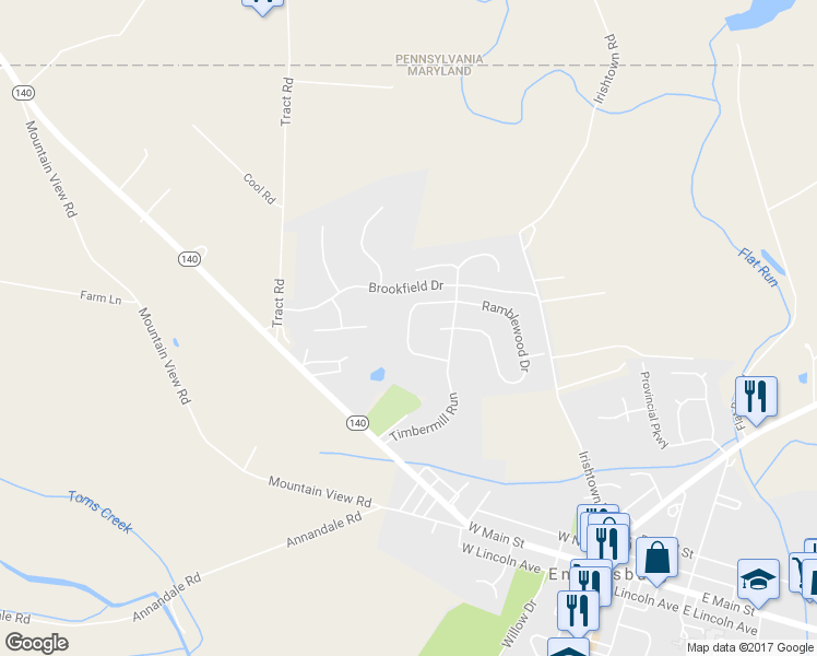 map of restaurants, bars, coffee shops, grocery stores, and more near 1316 Huntley Circle in Emmitsburg